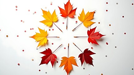Autumn leaves arranged in a circular pattern with scattered confetti