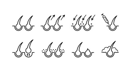 Treatment and problems with hair. A set of hair icons. Hair loss, sectioning, strengthening, nutrition and various hair care.