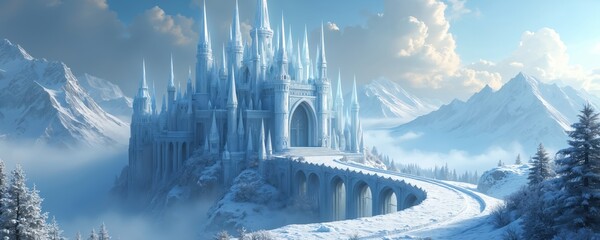 Naklejka premium Crystal palace sits on snowy mountain peak. Icicle spires reach skyward. Frozen bridge leads to magical winter wonderland fortress. Majestic fantasy castle. Serene icy landscape.