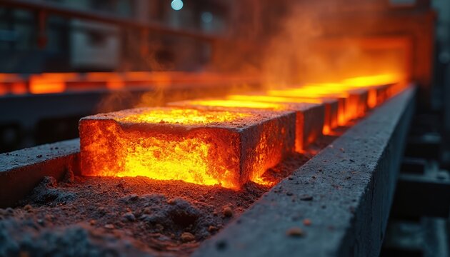 Hot molten metal blocks move on industrial conveyor line in steelworks. Glowing iron ingots from furnace for processing at steel mill. Raw material production workflow in heavy industry manufacturing