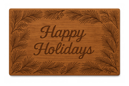 Happy holidays greeting message engraved on rustic wooden sign with pine branches and berries, transparent background