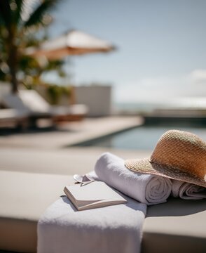 Luxury hotel poolside relaxation with rolled towels, book, and straw hat. Travel and tourism concept for summer resort vacation, spa retreat, and peaceful reading holiday.