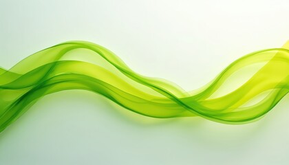 Smooth flowing abstract green and yellow waves. Soft light illuminates curved translucent layers creating a dynamic and fluid background effect. Clean design for organic themes.