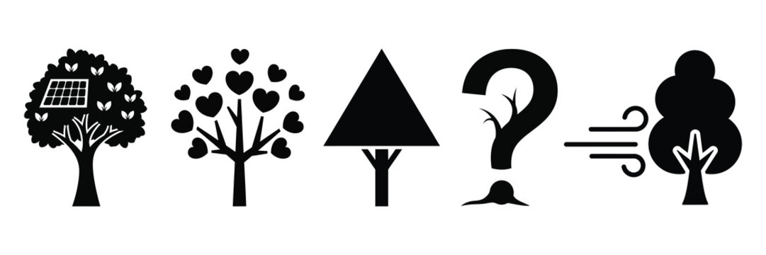 Conceptual illustration of a tree with a cage hearts a triangle a question mark and wind representing change