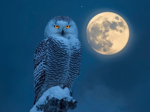Stunning snowy owl perched beneath full moon with glowing eyes, a magical and captivating wildlife moment perfect for nature lovers and fantasy themes