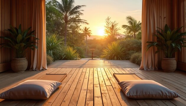 Wooden deck with pillows, yoga mats looks onto tropical landscape at sunset. Relaxation space at eco hotel with plants. Outdoor terrace for meditation or wellness retreat in calm environment.