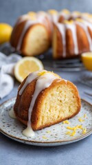 Rustic lemon bundt cake slice on a speckled plate, drizzled with icing, garnished with lemon zest, showcasing a delicious dessert with a soft texture and inviting appearance