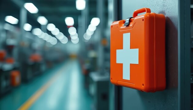 Orange first aid kit hangs on wall in industry facility. Medical emergency box, white cross symbol. Healthcare workplace safety. Protection emergency, equipment, health, industrial rescue