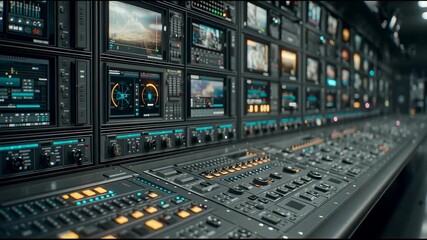 Futuristic broadcast control room with glowing digital consoles and monitors - Powered by Adobe