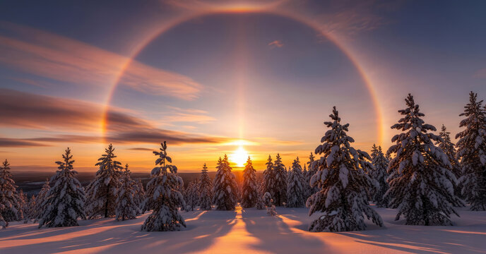A rare atmospheric phenomenon Halo circular rainbow around the sun in snowy winter forest.