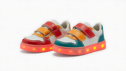 Colorful childrens light up sneakers footwear for kids on white background