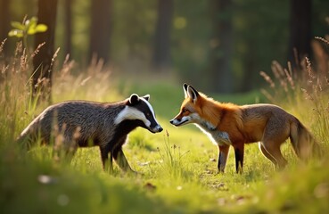 Obraz premium European badger and red fox face each other in sunlit forest clearing. Wild animals meet amongst green grass and tall dry reeds. Creatures stand still, observing intently. Woodland habitat.
