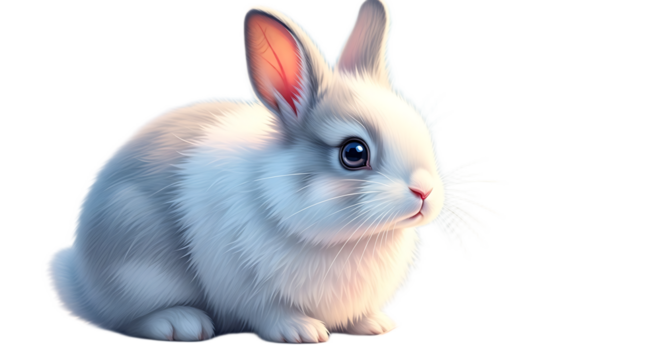 A fluffy white bunny sitting next to a carrot with green leaves on a black background looking forward