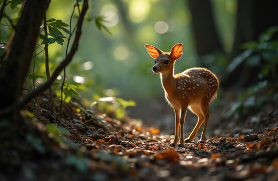 Spotted chevrotain stands in forest in Sri Lanka. Young deer walks alone on the path. Wild animal looks around carefully on nature in day time.