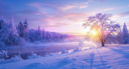 Beautiful winter morning on a snowy landscape