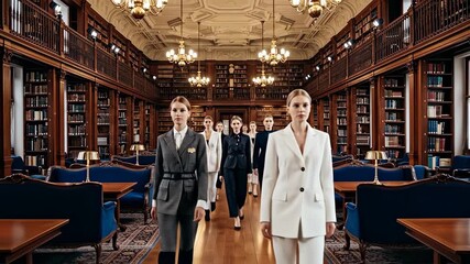 Fashionable Models Strut Through Grand Library Setting.