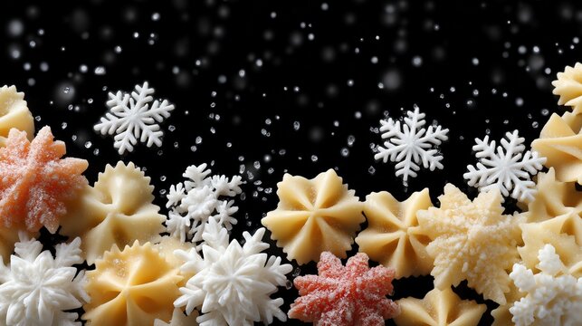Festive pasta and snowflakes against a black background