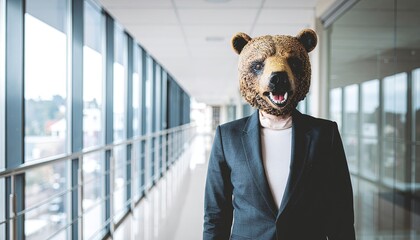 Bear wearing a business suit in a corporate office