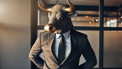Bull wearing a business suit in a corporate office