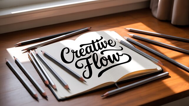 Inspiring creative flow handwritten calligraphy on open notebook surrounded by pencils on wooden surface