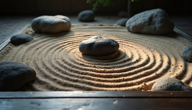 Zen garden with sand ripples and smooth stones. Represents peace harmony and mindful meditation. Minimalist nature design promotes tranquility and relaxation. Ideal for wellness projects.