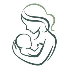 Simple line art illustration of a mother holding her newborn baby in her arms