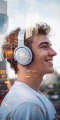 young man with headphones listening to music in the city