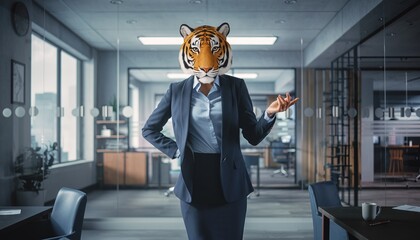 Tiger wearing a business suit in a corporate office