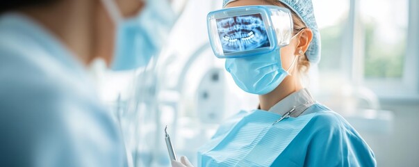 Dental Tech Dentist with VR Headset Showing X-Ray Image, Dentistry , Technology