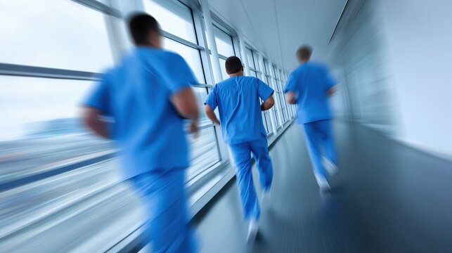 Healthcare professionals in motion: male medical staff running through hospital corridor
