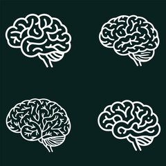 Four stylized white outline illustrations of human brains on a dark green background