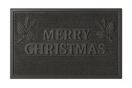 Black rubber doormat with merry christmas and pinecone designs, festive holiday welcome mat, transparent background - Powered by Adobe