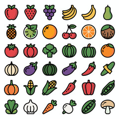 Collection of colorful flat design cartoon fruit and vegetable icons on a white background
