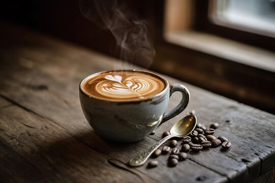 Steaming hot latte with beautiful latte art and coffee beans on a rustic wooden table by the window