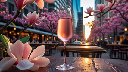 Elegant pink wine at an outdoor cafe, with flowering magnolias and a city skyline behind