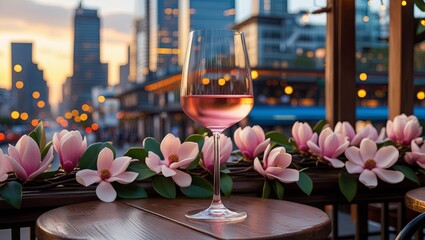 Elegant pink wine at an outdoor cafe, with flowering magnolias and a city skyline behind