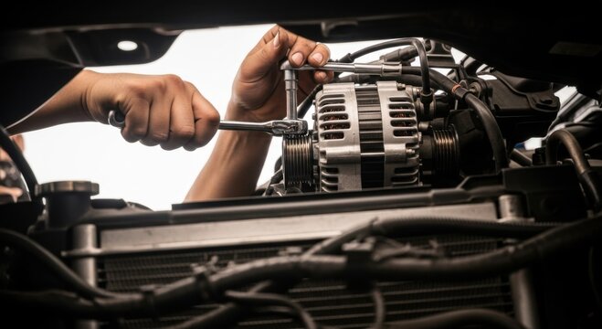 Mechanic repairing car alternator with tool in engine bay &mdash; ideal for alternator repair, car maintenance and automotive technology content.
