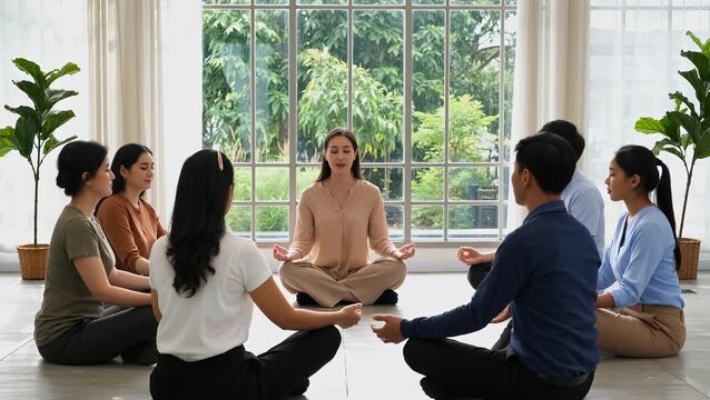 Group Meditation Session in Modern Indoor Space with Diverse Participants