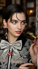 A chic woman with a silver bow tie and Christmas earrings smiles softly, radiating elegant, holiday cheer in a fashionable portrait.