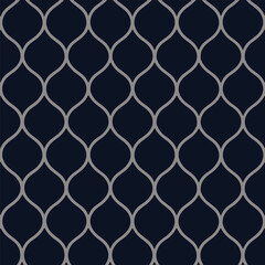 Elegant dark blue fabric with repeating interlocking geometric lattice pattern