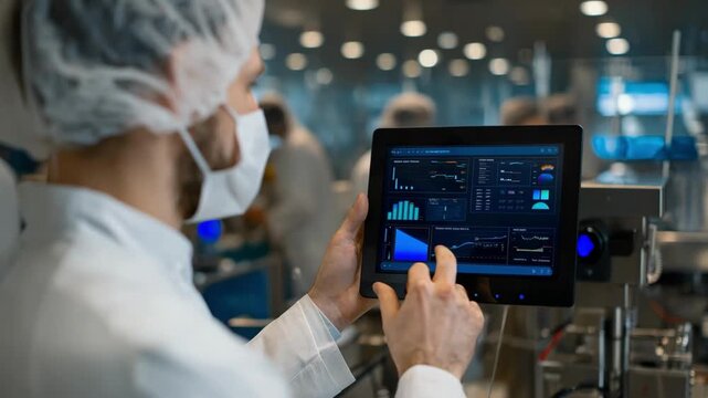 Medium shot capturing an operator using a touchscreen interface to monitor and modify baking conditions via IoTconnected temperature control technology.