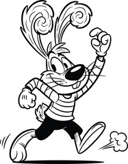 Cartoon rabbit running in striped shirt, playful animal character illustration, energetic mascot design, children’s coloring page artwork, vector CAD flat style