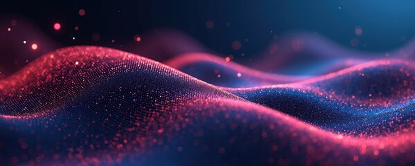 Glowing pink and blue particles form dynamic waves against dark background. Abstract digital flow creates futuristic, elegant cyber texture. Light sparks add depth and motion to this gradient design.