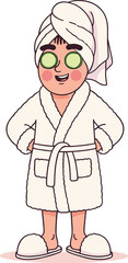 Cartoon spa character in bathrobe with cucumber eyes, self-care relaxation illustration, wellness mascot artwork, vector drawing, flat CAD style
