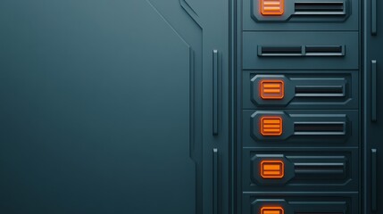 Futuristic Server Rack Detail with Orange Lights, Technology , Data
