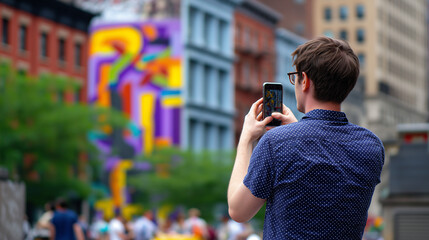 Man from behind taking a photo of a colorful city mural with a smartphone
