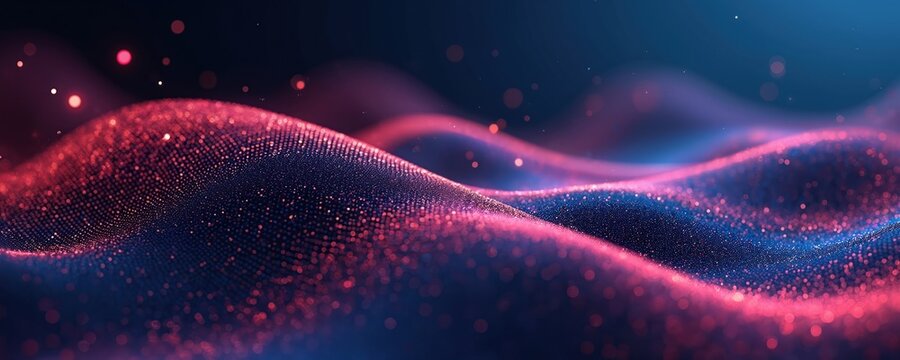 Glowing pink and blue particles form dynamic waves against dark background. Abstract digital flow creates futuristic, elegant cyber texture. Light sparks add depth and motion to this gradient design. - Powered by Adobe