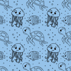 Cute children's marine drawing with turtles, jellyfish and sea fish on a blue background. Seamless vector pattern. Drawing for printing, children's textiles and wrapping paper. Vector illustration