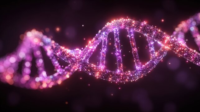 A vibrant DNA double helix glimmers with colorful lights on a dark background. This striking visualization highlights the beauty and complexity of genetic structures in a captivating manner.