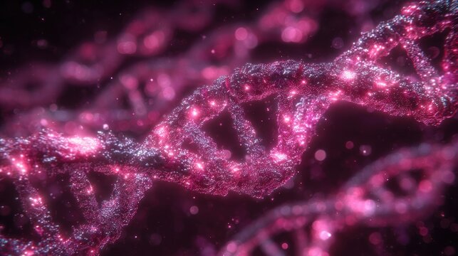 This scene showcases interconnected DNA strands glowing in bright pink hues. The intricate structures have a sparkling appearance, highlighting the complexity of genetic information.